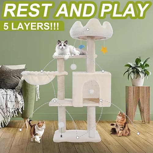 Cat Tree Tower with Metal Frame Hammock, 40'' Cat Trees for Indoor Cats Large Adult, Cat Towers with Scratching Post, Cats Condo Furniture with Cloud Top Perch, Cats Climbing Tower for Kittens(White) thumbnail 2