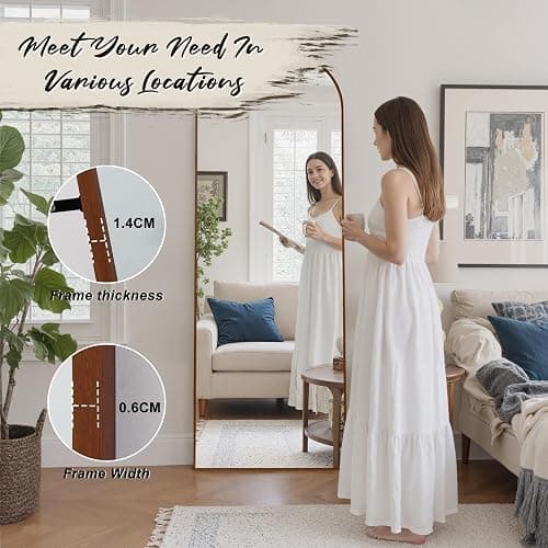 Reflix 147 x 44 cm Arched Full Length Mirror, Aluminium Frame with Walnut Wood Look, Freestanding Hanging Leaning Wall Mounted Full Length Dressing Mirror for Living Room, Bedroom thumbnail 6