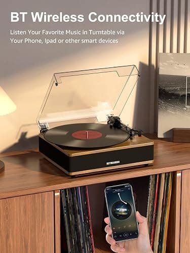 Vinyl Record Player Bluetooth Turntable with Built in Stereo Speakers Belt Drive 3 Speeds Vintage Turntables for Vinyl Records Support RCA Output, Aux in, Auto Stop, Light Walnut thumbnail 4