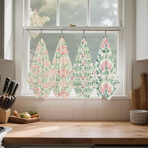 4 Pcs Watercolor Floral Kitchen Towels, Artistic Pink Green Decorative Absorbent Microfiber Dish Cloth Tea Towel, Durable Waffle Hand Towels for Farmhouse Home Bathroom, Housewarming Gifts thumbnail 2