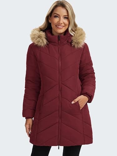 Funlingo Women's Winter Puffer Coat with Removable Hood Double Zipper Thickened Long Parka Jacket with Elastic Waistband thumbnail 5