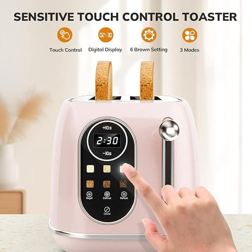 Keenstone Smart Touch Screen Toaster 2 Slice, Retro Wide Slot Stainless Steel Toaster with 6 Browning Levels, Reheat & Defrost, for Bagel, Toast, Bread, Removable Crumb Tray, Pink thumbnail 6