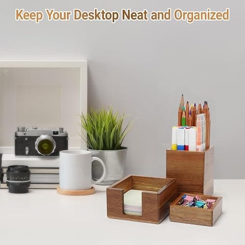 RAWILL 3 PCS Brown Wooden Desk Organizer Set Pine Wood Office Desk Accessories with Pen Holder, Paperclip Storage and Sticky Note Holder, Wood Grain Clear, Ideal Gift for Office and Family thumbnail 4