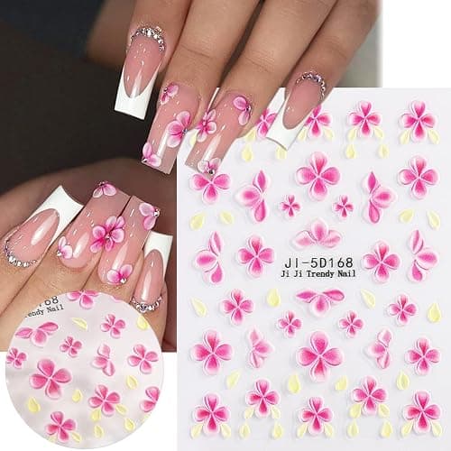 Fspronail 5D Embossed Flowers Nail Stickers 5PCS Pink White Floral Decals | Self-adhesive Cherry Blossom Butterfly Nail Decals French Tips Design Floral Petals Sticker for Nail Art Women DIY Manicure thumbnail 5