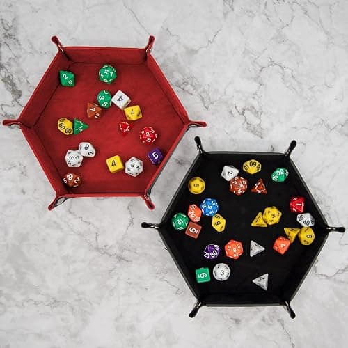 SIQUK 2 Pieces Dice Tray PU Leather Dice Trays Folding Hexagon Dice Holder Tray for Dice Games Like RPG, DND and Other Table Games (Black and Red) thumbnail 6