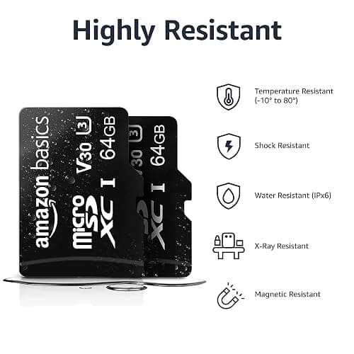 Amazon Basics MicroSDXC UHS-I Class 10 Memory Card with Full Size Adapter, A2, U3, V30, 4K, Read Speed up to 100 MB/s, 64 GB (2pack), for GoPro Cameras Storage, Black thumbnail 4