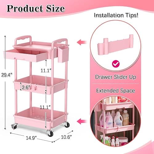 SUNALLY 3 Tier Rolling Cart with Drawer, Craft Storage Cart Organizer, Pink | Bathroom Storage Organizer with 2 Lockable Wheels, Rolling Utility Cart for Kitchen, Office, Baby, Makeup, Nail,Snack,Laundry thumbnail 2