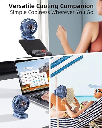 buywoo Portable Mini Personal Fan, Small Rechargeable Battery Powered Stroller Fan for Desk, Strong Clamp Grip, 360° Rotation, 3-Speed, LED Display, Clip On Cooler for Bed, Golf Cart, Office, Blue thumbnail 6