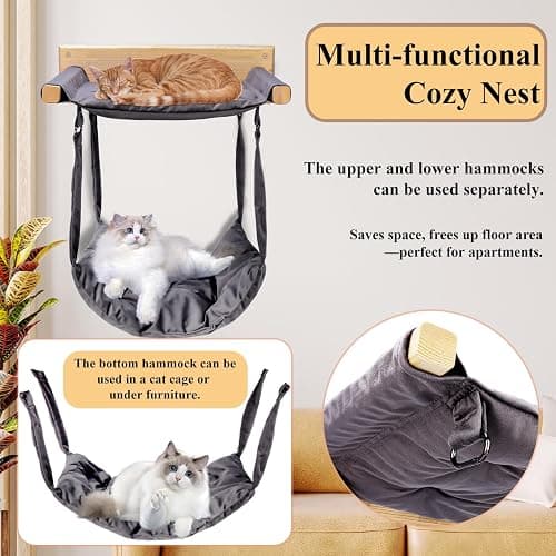 JSPYFITS Wooden Cat Wall Hammock, 18.9 x 12.6 Inch Double Layer Cat Furniture Hammock, Large Removable Multi-Function Cats Bed for Sleep/Play/Climb/Lounge Easy DIY Installation(Grey) thumbnail 3