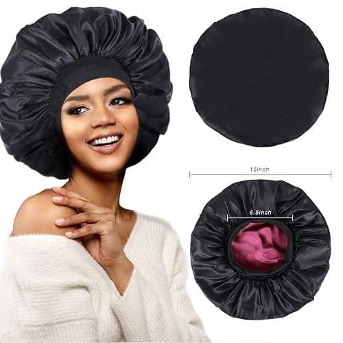 Double Layer Adjustable Satin Bonnets for Sleeping Women (Black and Wine) | No slip all night,Soft lightweight breathable,Reduce hair breakage,No marks,,Two-Color,Gift thumbnail 4
