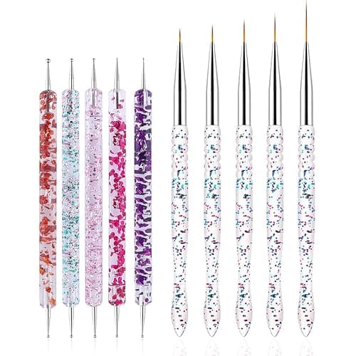 FULINJOY Nail Dotting Tools 10 Pcs Kit - 5 pcs Double-end Nail Dotting tools and 5 Pcs Nail Art Liner Painting Brushes - Image 1