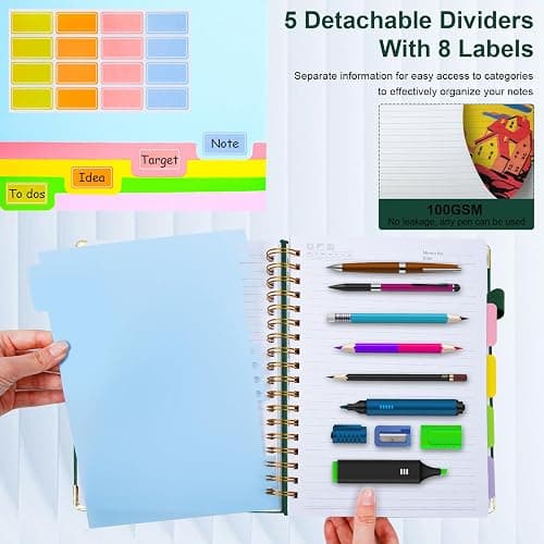 Hardcover Spiral Notebook 8"x10" Journal Notebook with Tabs and Removable Dividers 300 Pages 5 Subject Notebook College Ruled, Faux Leather Spiral Bound Notebook for Women School Work (Green) thumbnail 6