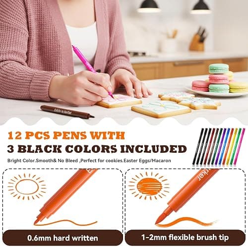 Jewem Edible Markers for Cookie Decorating, 12Pcs Food Coloring Pens, Double Sided Food Grade Pens with Fine & Thick Tips for Decorating Fondant, Cakes, Cookies, Frosting, Macaron, Dessert Decorating thumbnail 3