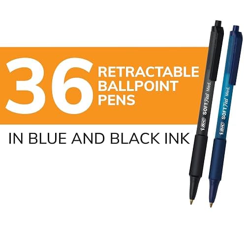 BIC Soft Feel Retractable Ballpoint Pen,1.0 mm Medium Point, Bulk School Supplies for Students and Teachers, No-Slip Grip, 36-Count in Black & Blue thumbnail 3