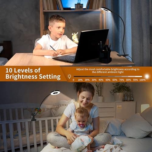 iZELL Desk Lamp, LED Reading Light with Clamp, 3 Color Modes & 10 Brightness Silicone Flexible Arm Book Light for Kids Reading Book in Bed at Night Clip on Table, Zoom Meetings - 15.8'' Black thumbnail 3
