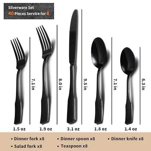 Alata Kate Black Mirror 40-Piece Silverware Set,Service for 8,Stainless Steel Flatware Set,Mirror Cutlery Set,Dishwasher Safe thumbnail 3