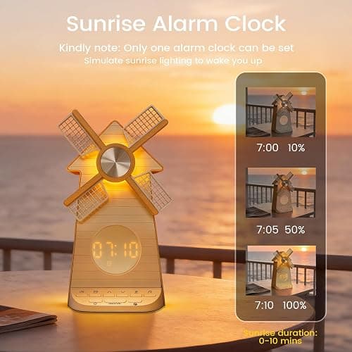 Sunrise Alarm Clock with Rotating Windmill, Easy Snooze Wake Up Light, 10 Natural Sounds & 10 White Noises, 4-Level Dimmer Bedside Night Light with 30/60/90 Min Timers, Sleep Aid Gift for Adults/Kids thumbnail 3