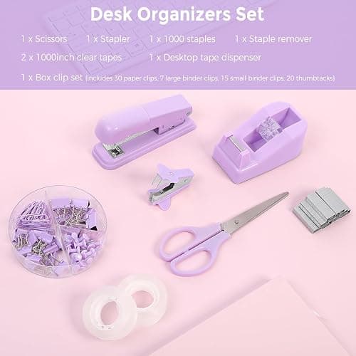 SKYDUE Purple Desk Accessories, Stapler and Tape Dispenser Set,10PCS | Purple Office Supplies Set, Stapler, Tape Dispenser, Scissors, Binder/Paper Clips and 1000pcs Staples thumbnail 5