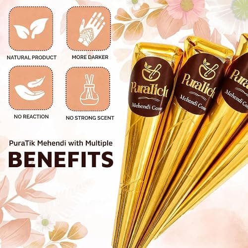 PuraTick 4 Pcs Henna Mehndi Cones Dark Brown Mehndi | All Natural Body Art Organic Herbal Temporary Tattoo | Ready to Use Henna | Pack of 4 thumbnail 4