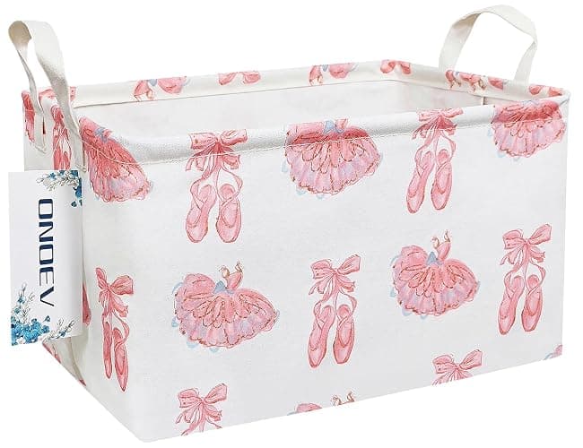 ONOEV Rectangular Folding Laundry Basket,waterproof Canvas Basket,gift basket,Suitable for children's room,Office,Clothes,Toys Storage(Pink lace dance shoes) - Image 1