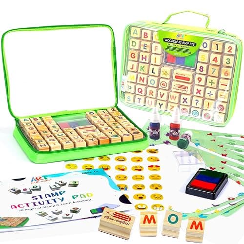Large Wooden Stamp Premium Set for Kids. 72 Pcs Alphabet Stamps. Letters, Numbers, 3-Color Washable Ink Pad, 3 Refill Bottles, Activity Book. Ideal Creativity Kit thumbnail 4