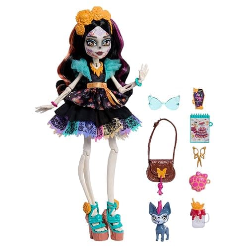 Monster High Skelita Calaveras Doll | Skeleton in Colorful Papel Picado Dress with Pet Dog Candelita & 7 Accessories like Sketch Book, Snack & Messenger Bag, JHK34 thumbnail 5