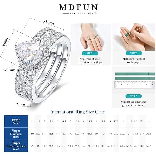 MDFUN 18K White Gold Plated 3-in-1 Halo CZ Engagement Wedding Rings Women | Round,Oval,Pear,Marquise Cut Cubic Zirconia Rings for Women; Stackable Bridal Ring Set thumbnail 5