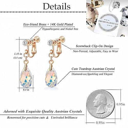 Teardrop Austrian Crystal Drop Clip On Dangle Earrings for Women Non Pierced 14K Rose Gold Plated Hypoallergenic Jewelry thumbnail 4