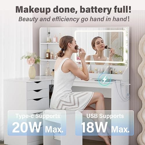 Furmax Vanity Desk with Mirror, L Shape Vanity, LED Lighted Mirror, with Power Outlet and 3 Storage Shelves, Makeup Table with 5 Drawers, 3 Color Modes, for Bedroom(White) thumbnail 4