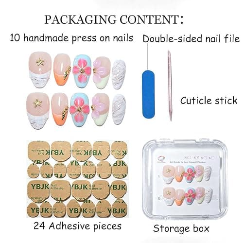 EasierGlow 10Pcs Handmade Short Almond Press On Nails | Easy Apply & Remove, Reusable & Salon Quality | Tropical Ocean Style with 3D Plumeria Flower, Starfish & Shell Accents(1TA15, S) thumbnail 5