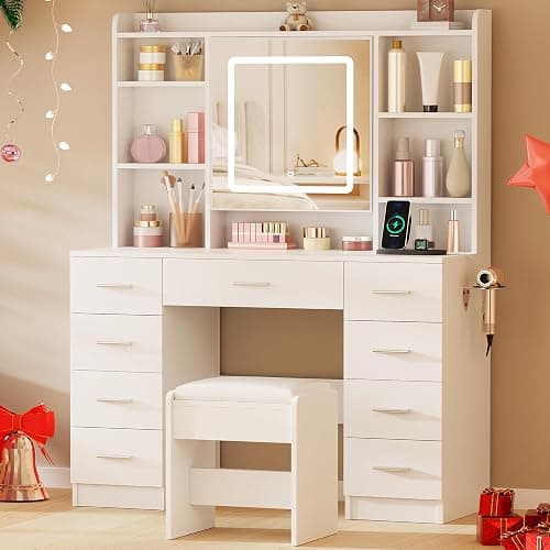 BEWISHOME Vanity Desk with Mirror and Lights, Makeup Vanity Table with Power Outlet,Stool Vanity Table with 9 Drawers 6 Storage Shelves Jewelry Storage,Dressing Table for Bedroom Girls White FST36W thumbnail 9