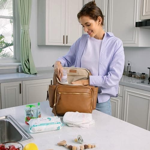 Omanmoli Diaper Bag Backpack Large Baby Diaper Bag Leather with 17 Diaper Bag Organizing Pouches,Changing Pad,Stroller Straps,4 Insulated Pockets,Brown thumbnail 2