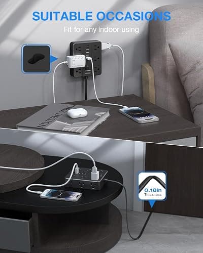 Flat Plug Power Strip Surge Protector, HUNIAN 5 Ft Extension Cord with 12 Widely Spaced Multiple Outlets 6 USB Charger (2 USB C Ports), Desk Charging Station for Home Office Supplies, Black thumbnail 5