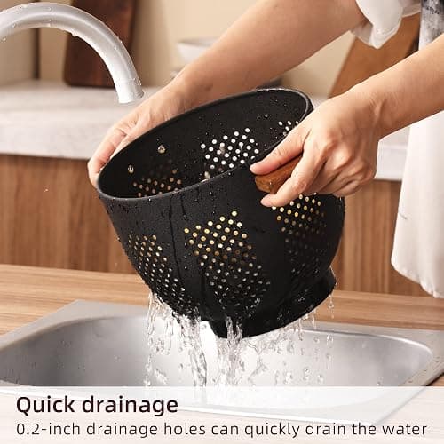 Metal Colander with Wood Handle and Stable Base, Powder Coated Steel Kitchen Strainer Basket for Draining Pasta, Vegetable and fruit(5.5quart,Matte Black) thumbnail 2