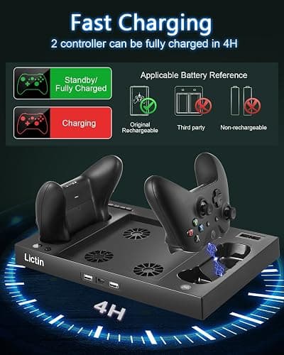 Lictin Cooling Fan Charging Station for Xbox Series X Console & Controller, Upgraded 4 Cooler Fan System Stand, Vertical Dual Charger Station Dock Accessories with 2 x 1400mAh Rechargeable Battery thumbnail 4