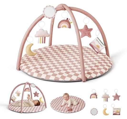 Blissful Diary Baby Play Gym Mat, Play Mat Activity Mat with 6 Detachable Toys for Stage-Based Sensory & Motor Skill Development, Easy to Install & Clean, Baby Essentials Gift, Blush Checkered - Image 1