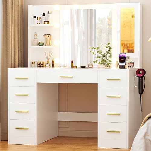 ERLEJIA Vanity Desk with Mirror and Lights, Large 43" White Makeup Vanity Desk with 9 Drawers and Power Outlet, 3 Open Shelves and 1 RGB Lighting Cabinet, White and Gold thumbnail 3