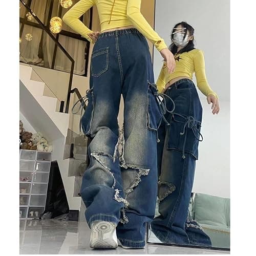 PEAINJ Star Jeans for Women Girls Baggy Cute Patchwork Denim Pants Y2k High Waisted Jeans Grunge Aesthetic Clothes thumbnail 4