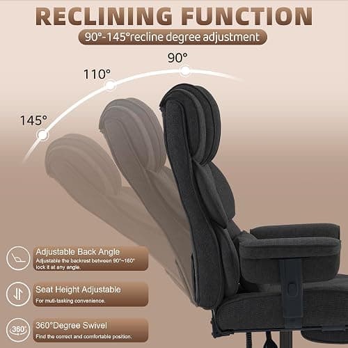 Vonesse Big and Tall Office Chair, Computer Chair with Soft Adjustable Armrests, Ergonomic Gaming Chair with Breathable Linen Design, Executive Chairs with Footrest (Linen Fabric,Black) thumbnail 5