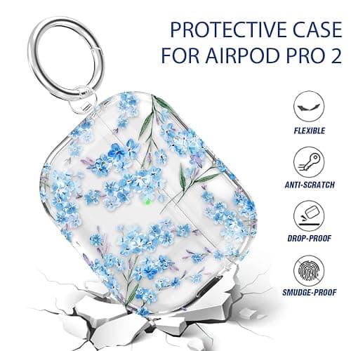 Maxjoy for AirPods Pro 2nd Generation Case, Clear Flower AirPods Pro 2 Case for Women Girly Cute Soft AirPod Pro 2 Cover with Keychain Strap for AirPod Pro 2nd Gen Cover 2023/2022, Transparent - Blue + White thumbnail 6