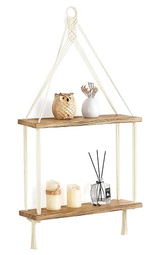 Mkono Macrame Hanging Shelf Boho Wall Decor 2 Tier Handmade Cotton Rope Rustic Wood Floating Shelves Display Photos Plants Hanging Storage Shelving for Living Room Nursery Bathroom Bedroom - Image 1