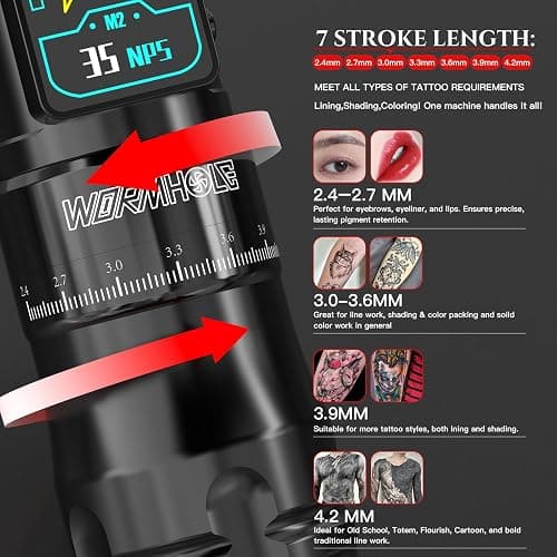 Wormhole 2300mAh Battery and 7 Adjustable Stroke Tattoo Gun for Artists, Aluminum Alloy Wireless Tattoo Machine, Lightweight Compact Rotary Tattoo Pen Powerful Motor Precision Professional - Black thumbnail 4