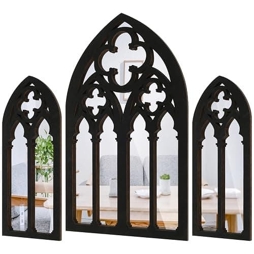 3Pcs Gothic Mirrors Wall Decor, 11.8" Arched Decorative Mirror Wall Mounted Goth Room Decor Vintage Cathedral Window Mirror Indoor Wood Framed Entry Mirror Living Room Bathroom (Model D (3 flowers)) thumbnail 6