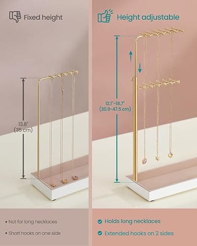 SONGMICS Jewelry Holder, Jewelry Storage Organizer Stand with Metal Frame, Velvet Tray, 12.1 to 18.7 Inches Tall Height Adjustable Necklace Holder, for Rings, Earrings, Pale Gold UJJS026A01 thumbnail 2
