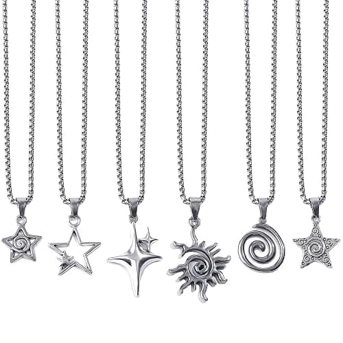 Y2K Necklace Grunge Jewelry Set for Women Men Silver Punk Alt Emo Goth | Y2K Jewelry Silver Cool Punk Emo Necklace Alt Alternative Gothic Accessory Star Sun Pentagram Spiral Necklace Stainless Steel - Image 1