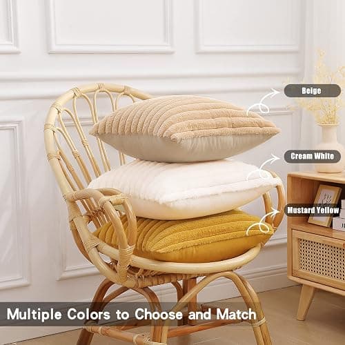Pallene Faux Fur Plush Fall Throw Pillow Covers 18x18 Set of 2, Luxury Soft Fluffy Striped Decorative Pillow Covers for Sofa, Couch, Living Room, Cream White thumbnail 8