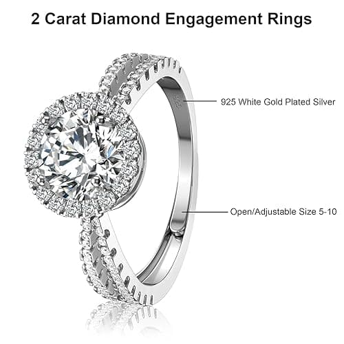 ATESSON S925 Platinum Plated Sterling Silver Engagement Rings,2ct Cut Diamond Ring for Women,4 Prong Moissanite Anniversary Promise Ring,Size Adjustable thumbnail 2