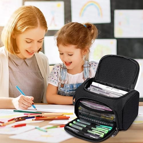 XQXA Large Capacity Pencil Case Organizer, Multifunctional Extra Big Pencil Pouch with Compartmens, Travel Simple Stationery Pen Bag, Fabric Pencil Bag for Men Women Girl Boy (Black) thumbnail 2