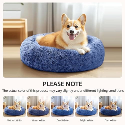 JOLLYVOGUE Small Dog & Cat Beds for Indoor Cats, Donut Cuddler Warming Soft Dog Beds with Anti-Slip Bottom, Round Calming Fluffy Plush Faux Fur Cushion Bed for Small Dogs (20", Navy Blue) thumbnail 6