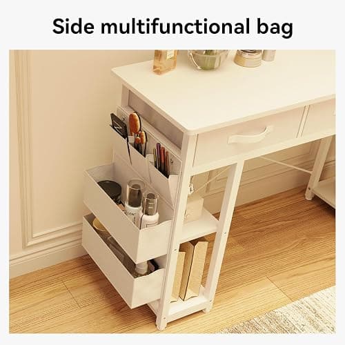 oneinmil White Vanity Desk, Computer and Study Desk with Fabric Drawers & Side Storage Bag, no Mirror. Makeup Vanity Table, Home Office Desk, Modern Writing Desk, 48"x16". thumbnail 6